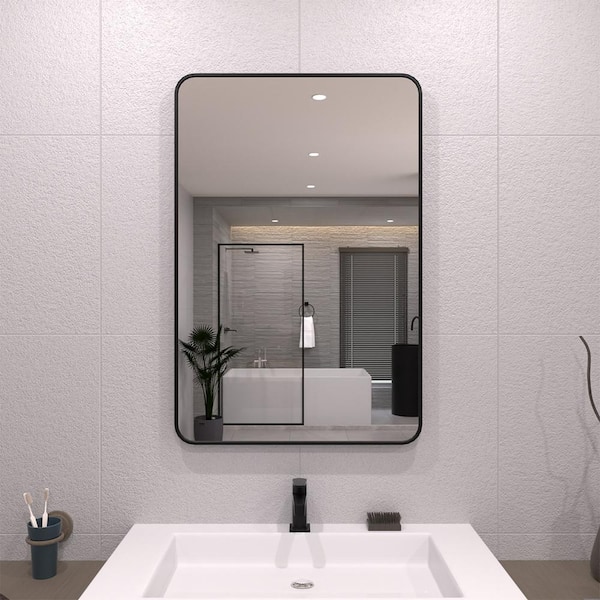 TaiMei 32 in. W x 24 in. H Rectangular Framed Wall Bathroom Vanity Mirror in Matte Black