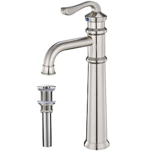 Single Handle Single Hole Tall Vessel Sink Faucet with Drain Kit Included in Brushed Nickel