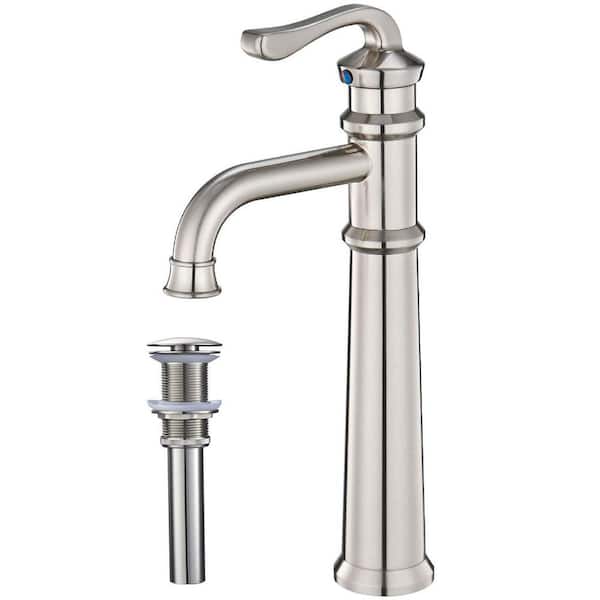 Fapully Single Handle Single Hole Tall Vessel Sink Faucet with Drain Kit Included in Brushed Nickel