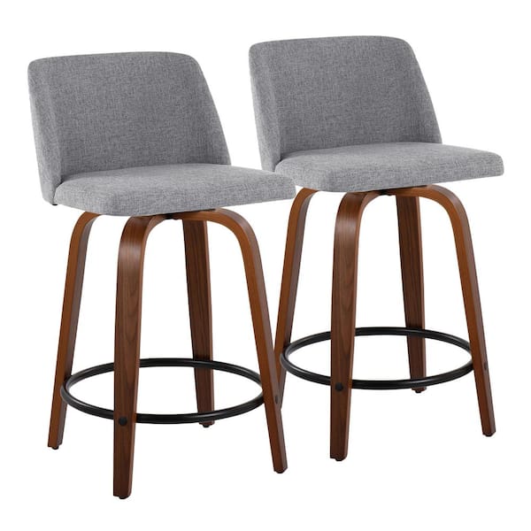 Lumisource Toriano 24.25 in. Grey Fabric, Walnut Wood, and Black Metal Fixed-Height Counter Stool (Set of 2)