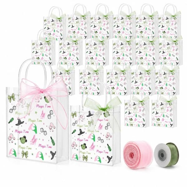 Fall Witch Birthday Party Supplies, Reusable Goodie Grocery Bag, Set of 24, Pink Clear PVC Gift Bags with Ribbon Handles
