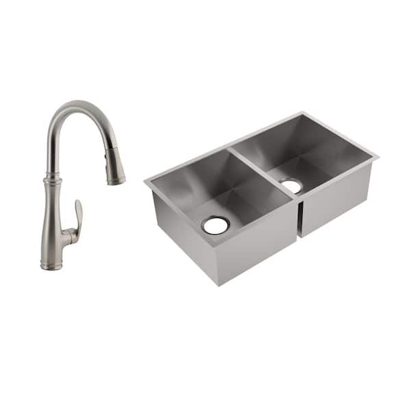 KOHLER Lyric Undermount Stainless Steel 32 in. Double Bowl Kitchen Sink with Bellera Kitchen Faucet