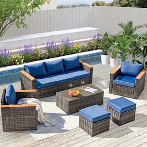 6 Pieces Gray Wicker Outdoor Sectional Set with Blue Cushions for Easy Installation
