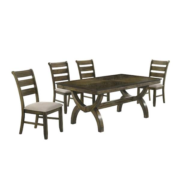 Makoa 5-Piece Antique Brown Wood Dining Set With 4-Beige Ladderback Chairs