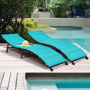 Wicker Outdoor Lounge Chair Chaise Folding with Turquoise Cushions (2-Pack)