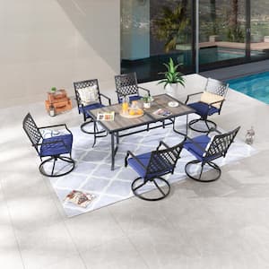 7-Piece Rectangular Metal Outdoor Dining Set with Blue Cushions