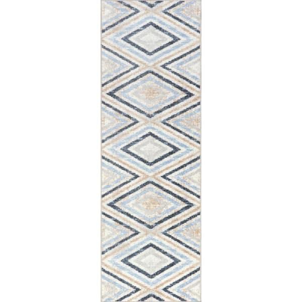 Akari Transitional Diamond Machine Washable 2 ft. 8 in. x 6 ft. Blue Runner Rug