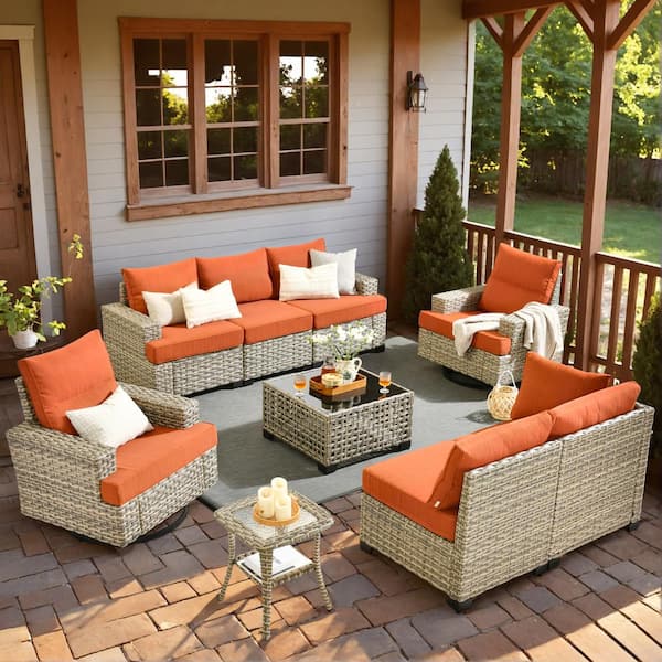 HOOOWOOO Kelleys 9-Piece Wicker Modern Outdoor Patio Conversation Sofa Sectional Set with Swivel Chairs and Orange Red Cushions