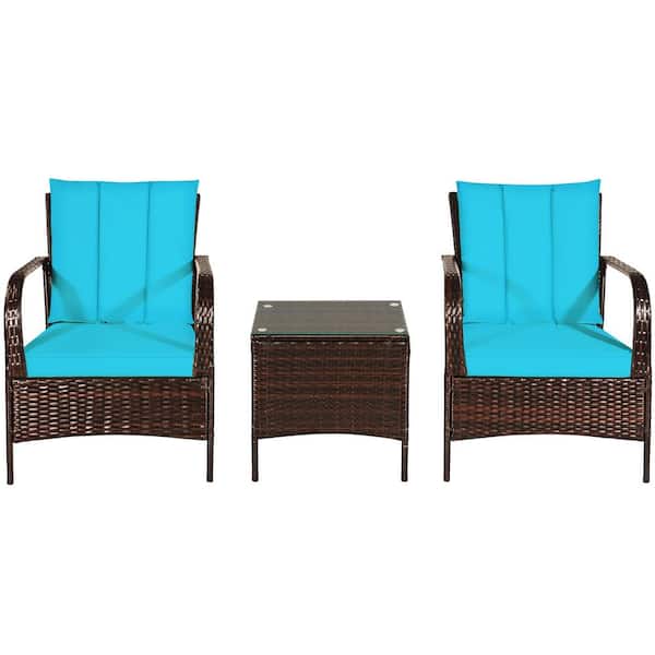 Costway Brown 3-Piece Wicker Patio Conversation Seating Set with Turquoise Cushions