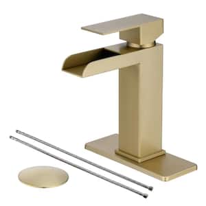 Single-Handle Single Waterfall Spout Hole Bathroom Faucet with Deckplate and Drain Kit Included in Brushed Gold