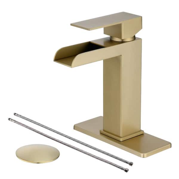 YASINU Single-Handle Single Waterfall Spout Hole Bathroom Faucet with Deckplate and Drain Kit Included in Brushed Gold