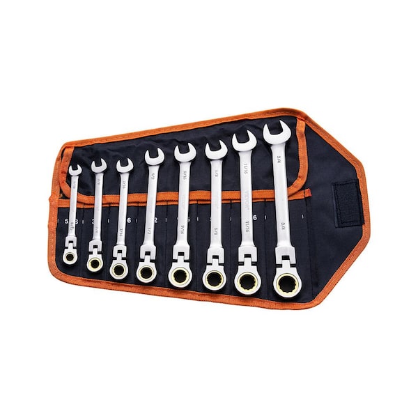 Flex-Head Ratcheting Wrench Set, 8-piece Combination Wrench Set with Roll-up Pouch, Cr-V Steel Ratcheting Wrench