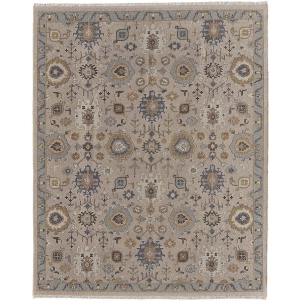 8 ft. x 12 ft. Tan Brown and Gray Wool Oriental Hand Knotted Area Rug with Fringe