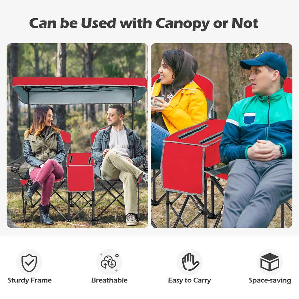 Red Double Folding Camping Chair with Canopy and Cooler