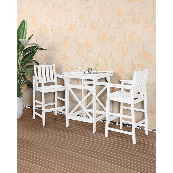 White 3-Piece Adirondack Chairs and Table Set Outdoor Serving Bar Set Plastic Patio Bar Set with 2 Chairs and 1 Table