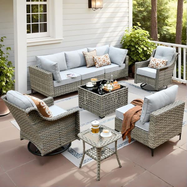 XIZZI Apollo 8-Piece Wicker Patio Conversation Seating Sofa Set with Light Gray Cushions and Swivel Rocking Chairs