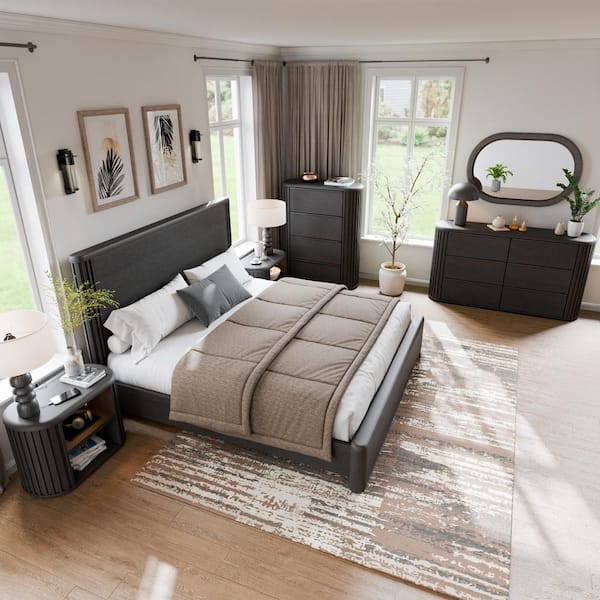 Furniture of America Eastbrook 6-Piece Modern Black Acacia Wood King Fluted Bedroom Set with Motion Night Light Nightstands