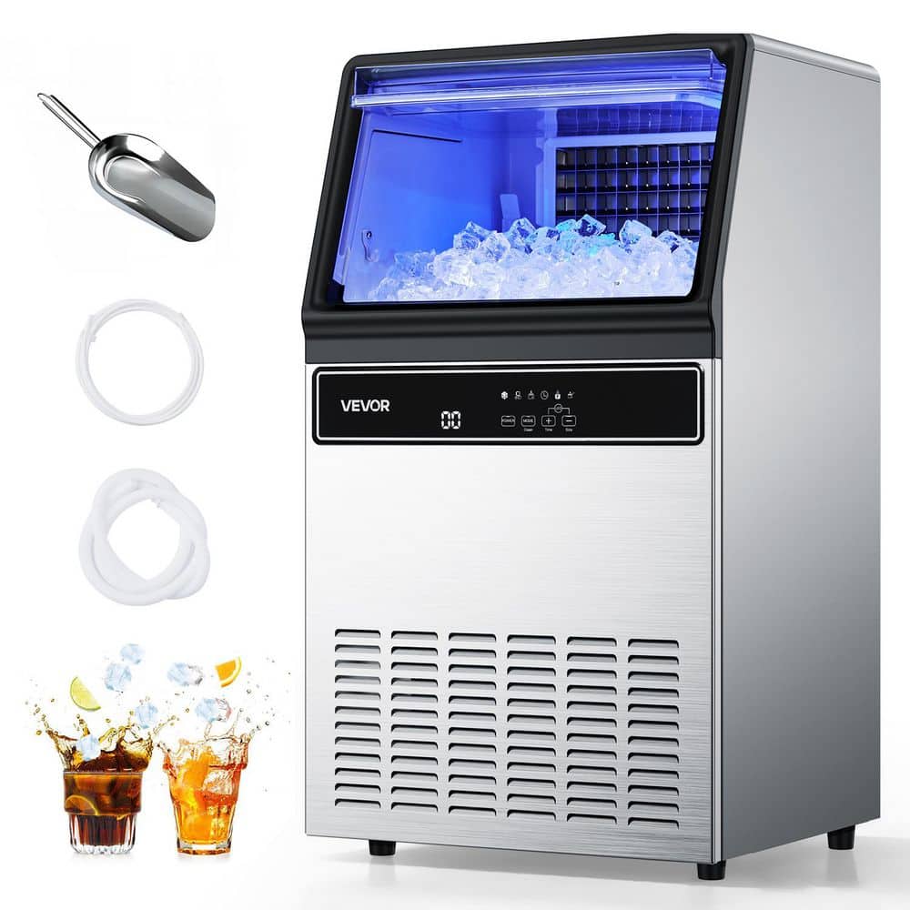 VEVOR Commercial Ice Maker 17.52 in. W 130 lbs./24H Full Size Cubes Freestanding with 33 lbs. Storage Capacity LED in Silver