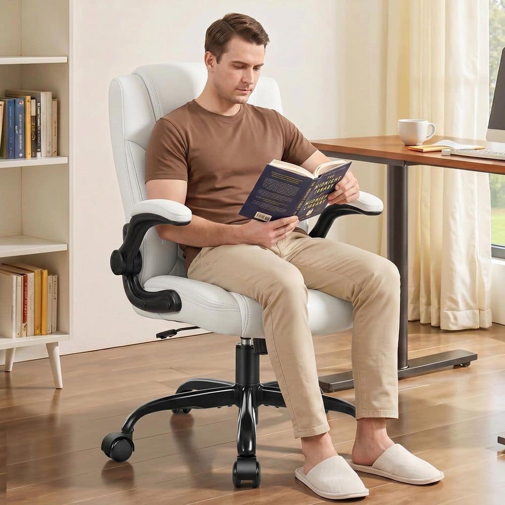 KERDOM Leather Cushioned Ergonomic Chair in White with Adjustable