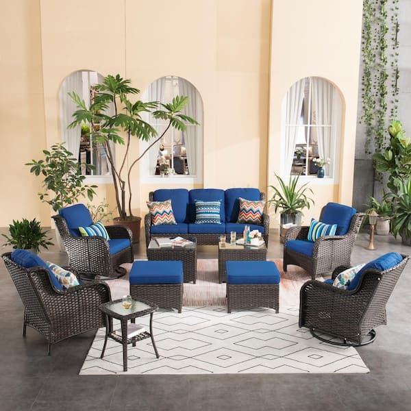 XIZZI Maroon Lake Brown 10-Piece Wicker Patio Conversation Seating Sofa Set with Navy Blue Cushions and Swivel Rocking Chairs
