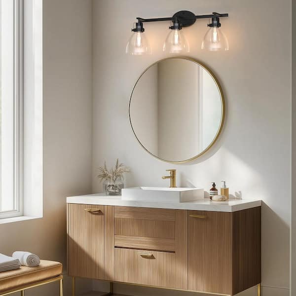 29 in. 3-Light Matte Black Vanity Light with Clear Bell Glass for Bathroom Mirror