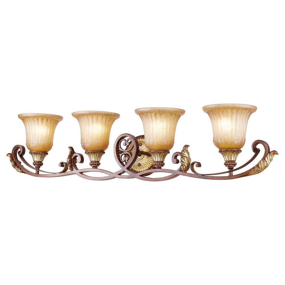 Verona Bronze & Aged Gold Leaf 4-Light Vanity with Rustic Art Glass