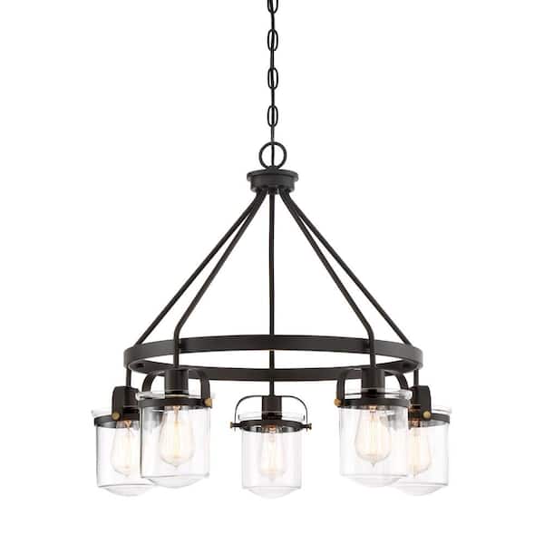 Designers Fountain Jaxon 5-Light Oil Rubbed Bronze Industrial Chandelier with Clear Glass Shades For Dining Rooms