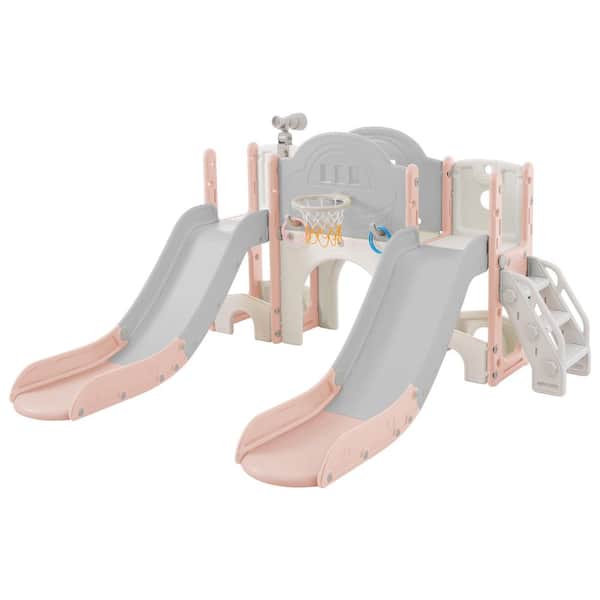 Bon Furni Pink and Grey HDPE Indoor and Outdoor Playset Small Kid with Telescope, Slide and Basketball Hoop
