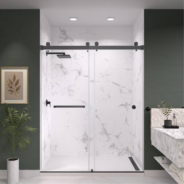 Catalyst FP 72 in. W x 84 in. H Double Sliding Frameless Shower Door in Matte Black with 3/8 in. Clear Glass
