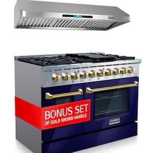 48 in. 900 CFM Ducted Under Cabinet Range Hood & 48 in. 6.7 cu. ft. Double Oven Gas Range in Glossy Blue