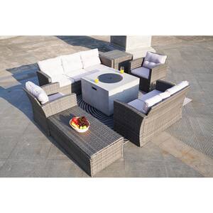 Vivian 7-Pieces Rock and Fiberglass Fire Pit Table with Conversation Sofa Set with Gray Cushions