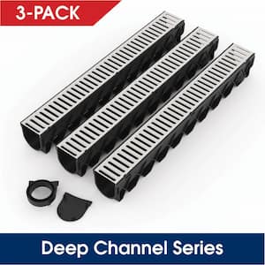 Storm Drain Deep Series 5 in. W x 5.25 in. D x 39.4 in. L Channel Drain Kit with Stainless Steel Grate (3-Pack: 9.8 ft.)