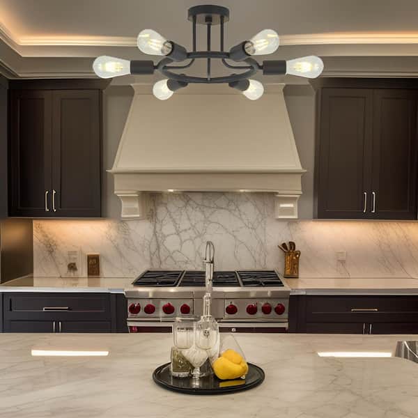 26 in. W 6-Light Black Sputnik Chandelier Semi-Flush Mount Ceiling Fixture for Entryway, Dining Room, E26, No Bulbs