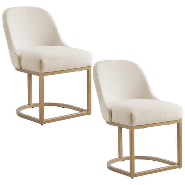 Leick Home Barrelback Dining Chair with White Linen Seat and Gold Metal Base, Set of 2