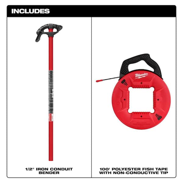 1/2 in. EMT Iron Conduit Bender Head with Handle and 100 ft. Polyester Fish Tape with Non-Conductive Tip