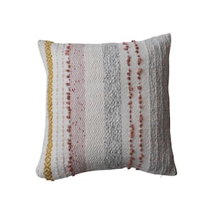 Multi-color Stripes and Embroidery Polyester 18 in. x 18 in. Woven Cotton Blend Throw Pillow