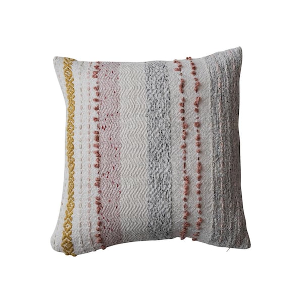 Storied Home Multi-color Stripes and Embroidery Polyester 18 in. x 18 in. Woven Cotton Blend Throw Pillow