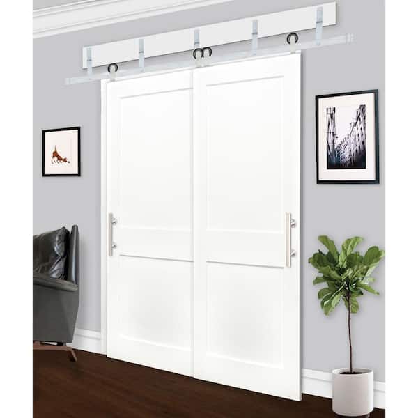 60 in. x 80 in. Bypass Shaker 2-Panel Solid Core Prime Pine Wood Sliding Barn Door w/ Satin Nickel Hardware Kit