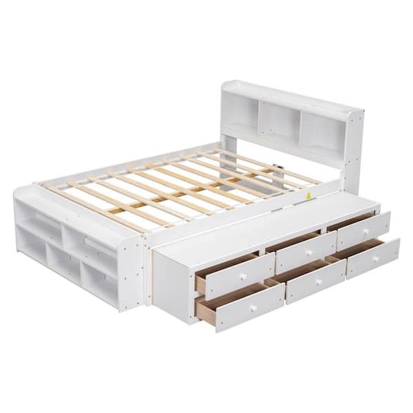 White Wood Frame Full Size Platform Bed with Under bed Storage Drawers, Bookcase Headboard and Storage Case