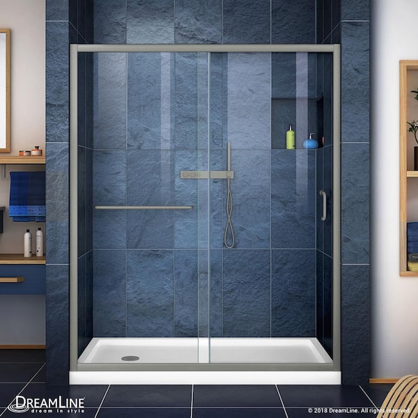 DreamLine Infinity-Z 32 in. x 60 in. Semi-Frameless Sliding Shower Door in Brushed Nickel with Left Drain White Acrylic Base