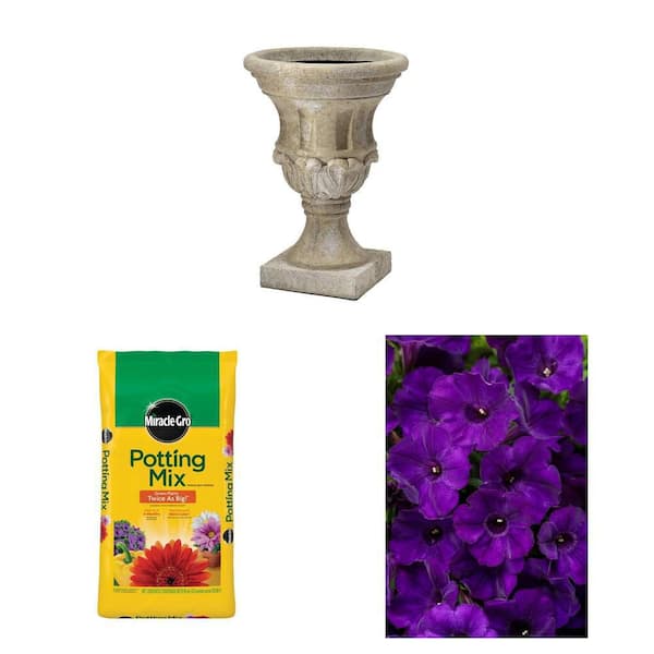 18 in. Natural Luzon Lava Stone Urn Planter, 50 qt. Potting Mix, and 4.25 in. Supertunia Royal Velvet (4-Pack)