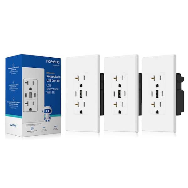 30W 6.0 Amp 3-Port USB Wall Outlet 20A Duplex Receptacle with Dual Type C and A Ports w/ Wall Plate, Matte White 3-Piece