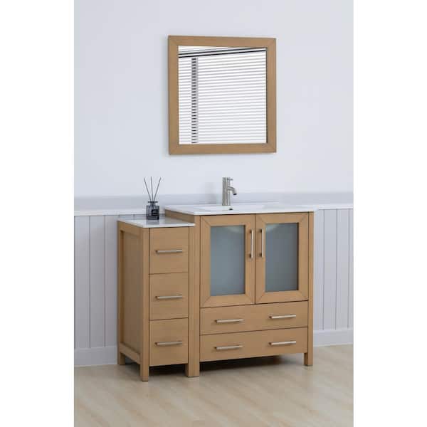 42 in. W x 18 in. D x 36 in. H Natural Oak Bath Vanity with White Ceramic Top and Mirror