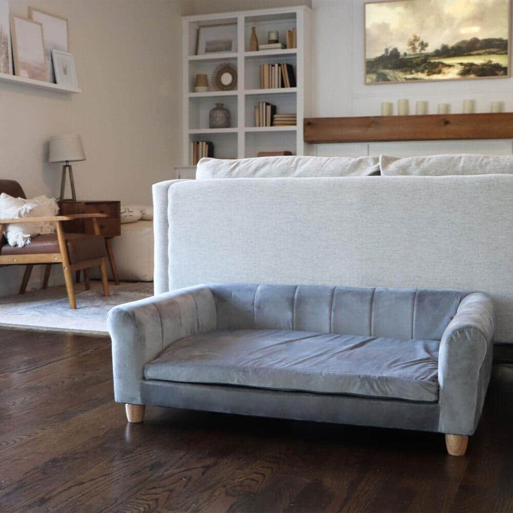 Elegant Gray Faux-Velvet Elevated Dog Bed with Wood Legs