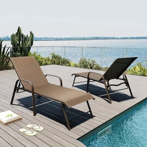 Brown 2-Piece Aluminum Adjustable Outdoor Patio Chaise Lounge in Brown with Armrest