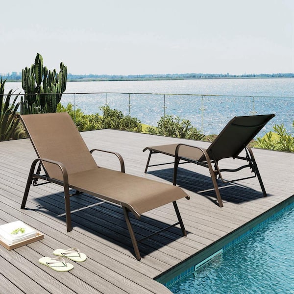 Pellebant Brown 2-Piece Aluminum Adjustable Outdoor Patio Chaise Lounge in Brown with Armrest