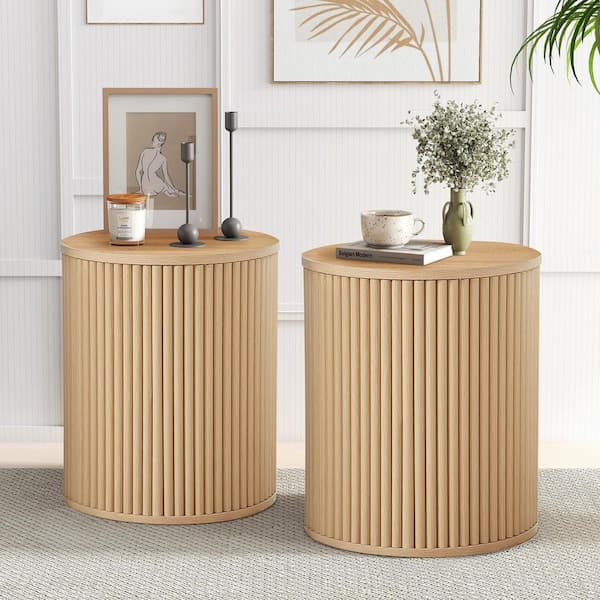 15.75 in. Natural Round MDF Cylindrical Wavy Coffee Table with Hidden Storage Space