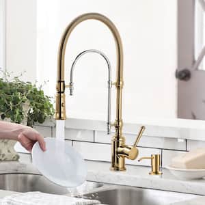 Single Handle Convenient Pull Down Sprayer Kitchen Faucet in Gold and Chrome with Soap Dispenser