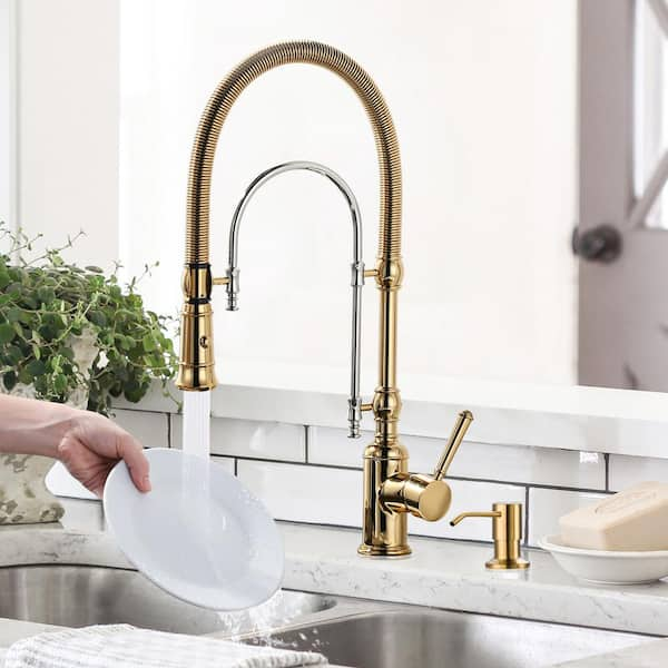 Single Handle Convenient Pull Down Sprayer Kitchen Faucet in Gold and Chrome with Soap Dispenser