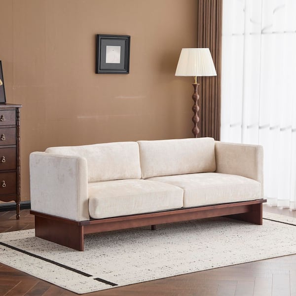 Lillian 77 in. Square Arm Polyester Fabric Rectangle Sectional Sofa in Beige + Walnut